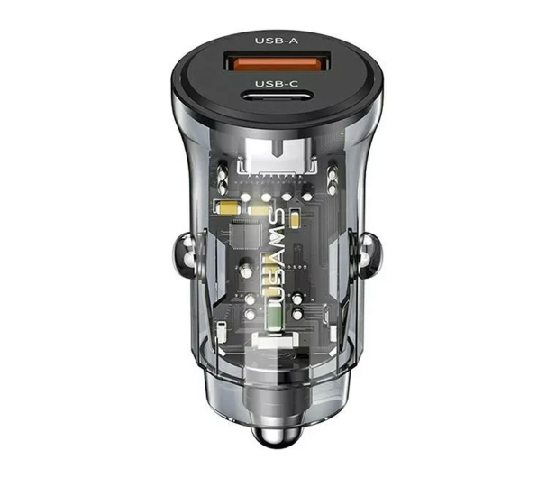 USAMS Ładowarka samochodowa 1xUSB+1xUSB-C 30W Fast Charge czarny - 1490518 - zdjęcie